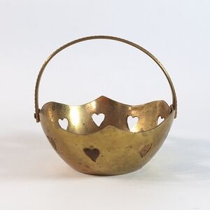 Vintage Indian Brass Basket with Heart Cutouts and Hinged Handle